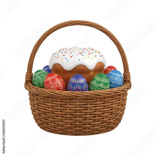 Easter basket with decorated eggs and cake on white background