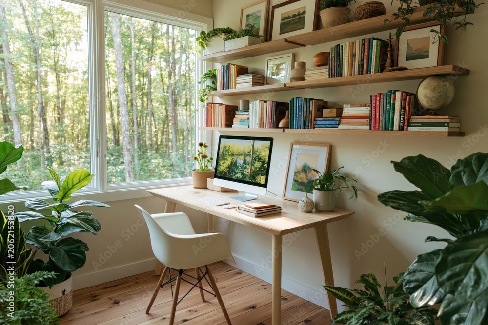 Fototapeta premium Office workspace with wooden desk computer and plants in cozy home interior design