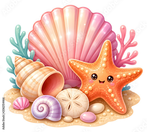 Cute Starfish And Seashells Beach Sticker PNG