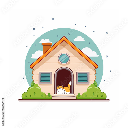 Flat design illustration of a cozy house with a cat