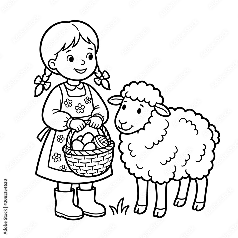 Fototapeta premium Girl with a sheep coloring page for kids