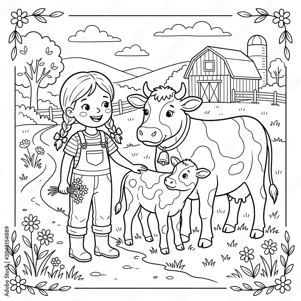 Naklejka premium Girl with Cow and Calf on Farm Coloring Page