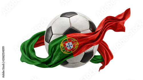 Soccer ball with Portuguese flag draped around it flowing fabric on white background