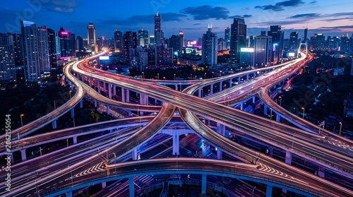 City elevated overpass sweeps through a glowing skyline during deep twilight hour.