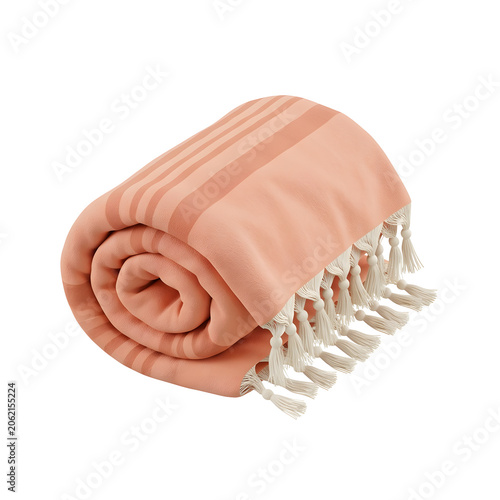 Rolled peach striped towel with tassels on white background