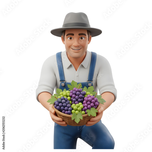 Smiling farmer in hat holding basket of fresh grapes