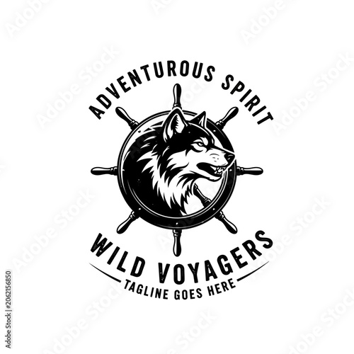 Konstfotografi Minimalist monochrome logo featuring a wolf profile inside a steering wheel for maritime branding