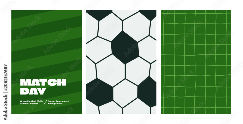 Naklejka premium Green Soccer Grass Pitch Background with Ball and Goal Elements. Stadium Lawn, White Soccer Net and Hexagon Ball Pattern. Top View of Pitch Turf for Sport Flyers, Match Posters, and Championship Bg.