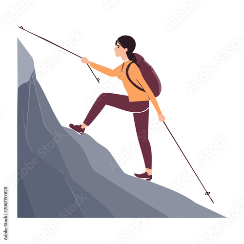 Woman climbing a mountain with hiking poles and backpack