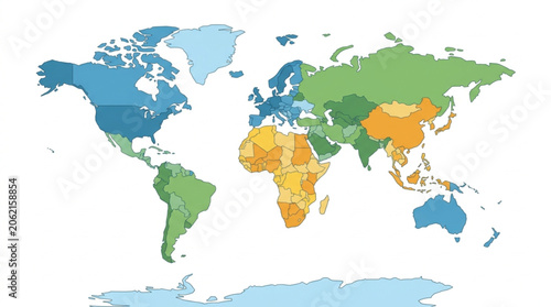 Colorful World Map Showing Continents and Countries.