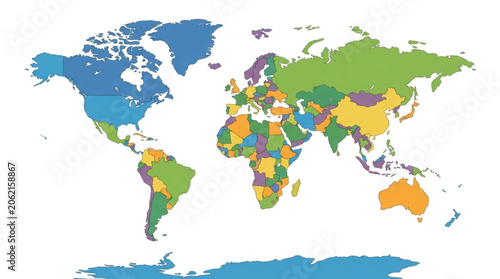 Colorful World Map Showing Continents and Countries.