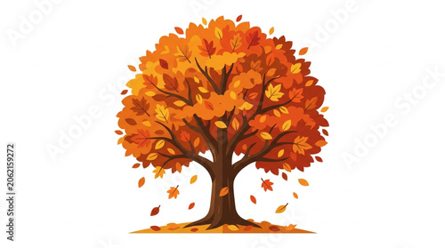Vibrant Autumn Tree with Falling Leaves Illustration.