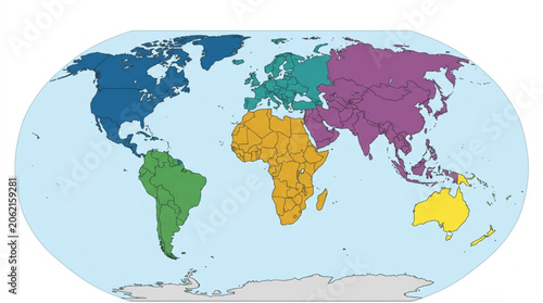 World Map Continents Colored Geographic Regions.