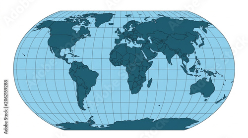 World Map Showing Continents and Oceans with Latitude and Longitude Lines.