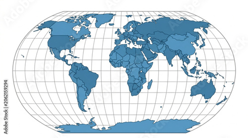 World Map Showing Continents and Oceans with Latitude and Longitude Lines.