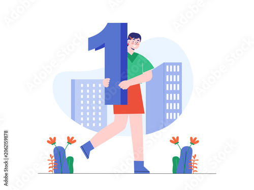 A woman holding a large blue number 