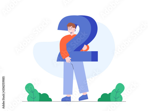 A young boy holding a large number two. Human numbers illustrations. Flat vector concepts.