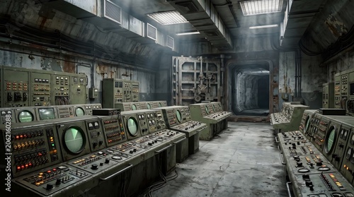 Retro Futuristic Control Room with Analog Dials and Switches