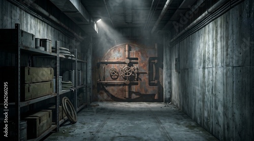 Dark Industrial Corridor Leading to a Heavy Metal Vault Door