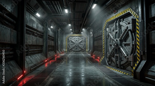 Futuristic Space Station Corridor with Red Warning Lights