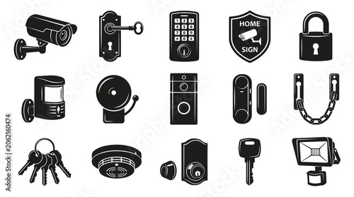 Black and White Glyph Icons: Home Security and Protection Equipment Set. Surveillance, Safety Devices, and Alarm Symbols.