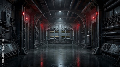 Dark Industrial Hallway with Red Emergency Lighting