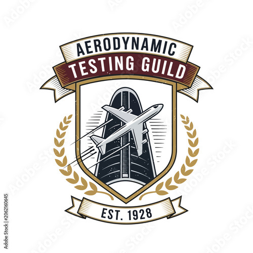 Slika na platnu Aviation guild badge with vintage airplane and skyscraper.