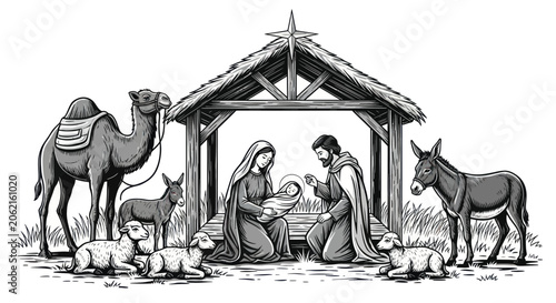 Φωτογραφία Nativity scene with holy family and farm animals in a stable