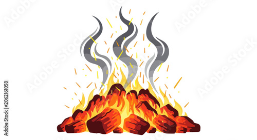 Cuadro en lienzo Burning charcoal embers with hot flames and gray smoke wisps
