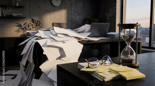 Messy office desk with piles of paper and an hourglass