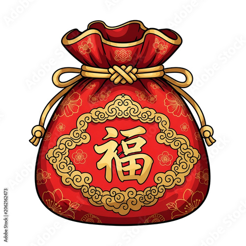 Red Silk Fortune Bag with Golden Chinese Characters and Ornate Swirls