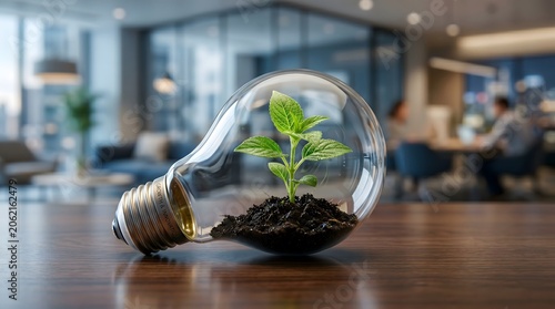 Small green plant growing from soil inside a light bulb on a desk