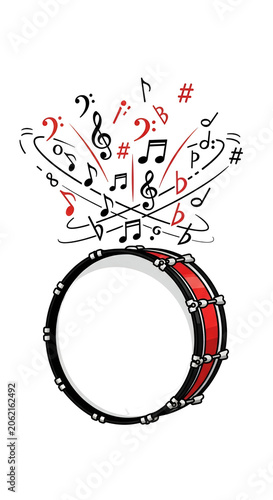 Red Snare Drum with Musical Notes Black and Red on Transparent Background
