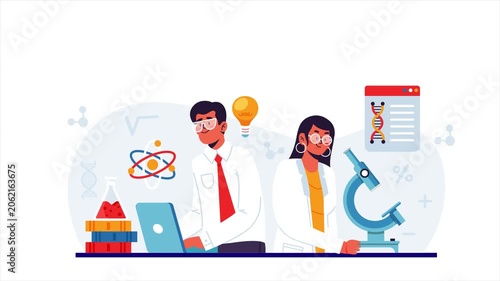 Two scientists working on laptop and microscope in laboratory setting