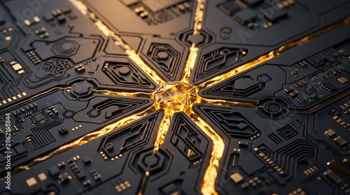 Futuristic circuit board with glowing golden energy paths and central processor