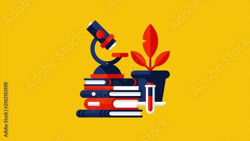 A microscope sits on stacked books next to a potted plant with red leaves.
