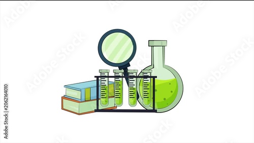 A scientist examines green liquids in flasks and beaker with magnifying glass and books nearby.