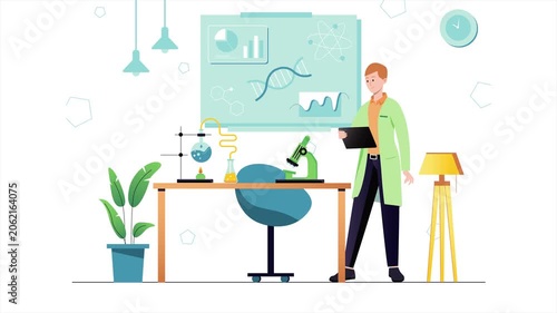A scientist examines a laptop in a laboratory with a microscope and plant on the table.