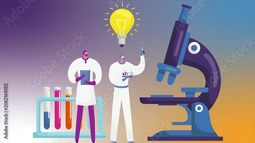 Two scientists discover ideas with a microscope and lab equipment