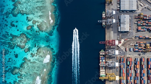 Top-down aerial view of a cargo ship sailing past a vibrant turquoise coral reef