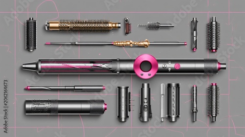 Professional Top View of Dyson Airwrap Hair Styler with Attachments Abstract