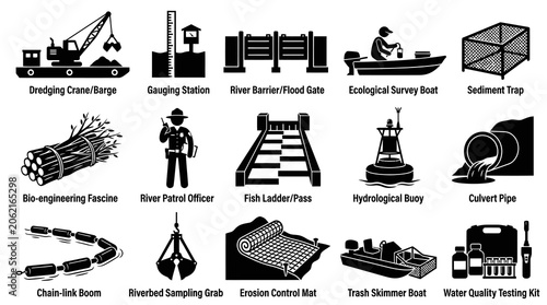 Glyph Icons Set for Water Management, River Engineering, Hydrology, and Environmental Monitoring