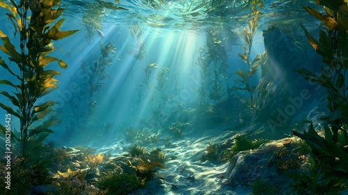 Tranquil Marine Ecosystem with Sun Rays and Kelp Forest
