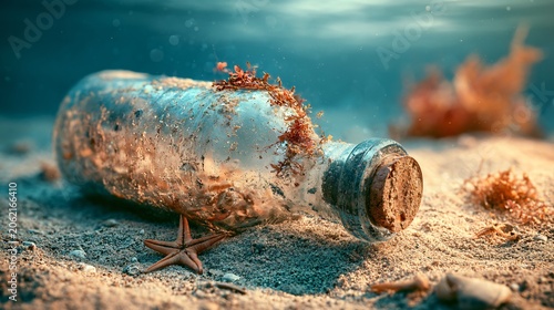 Vintage Forgotten Message in a Bottle on the Sandy Underwater