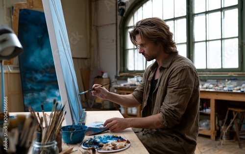 Artist Creating Abstract Painting in Bright Studio Setting