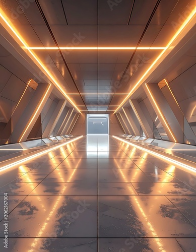 A futuristic corridor with metallic walls and orange lighting
