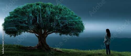Tree of Technology Meets Nature in a Futuristic Landscape