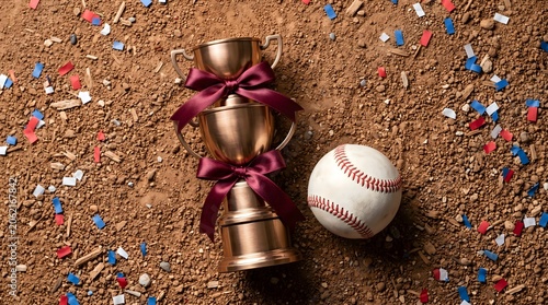 Baseball and gold trophy on dirt ground with festive confetti.