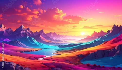 Vibrant mountain landscape with colorful sky