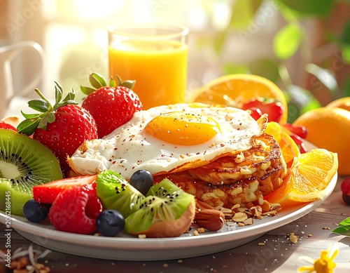 A vibrant breakfast plate with fresh fruits and eggs